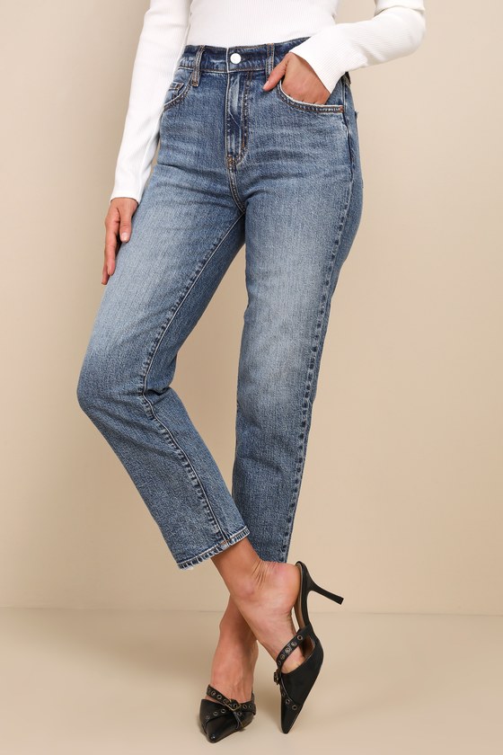 Medium Wash - High Rise Raw Hem Distressed Jeans main image 1