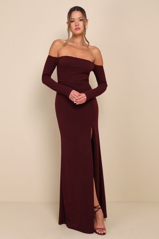 Alluring Sophistication Dark Plum Off-the-Shoulder Maxi Dress 1