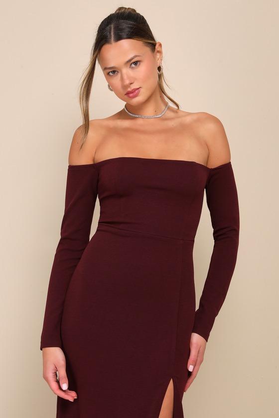Alluring Sophistication Dark Plum Off-the-Shoulder Maxi Dress 4