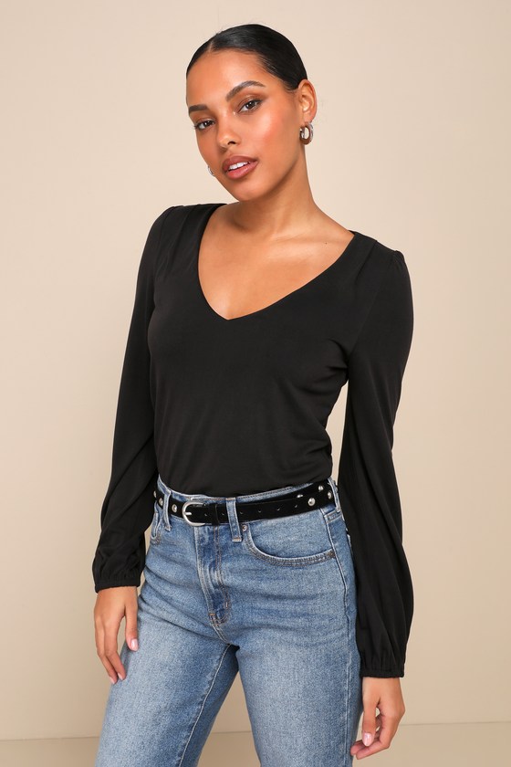 Black V Notch Smock Sleeve Top main image 1