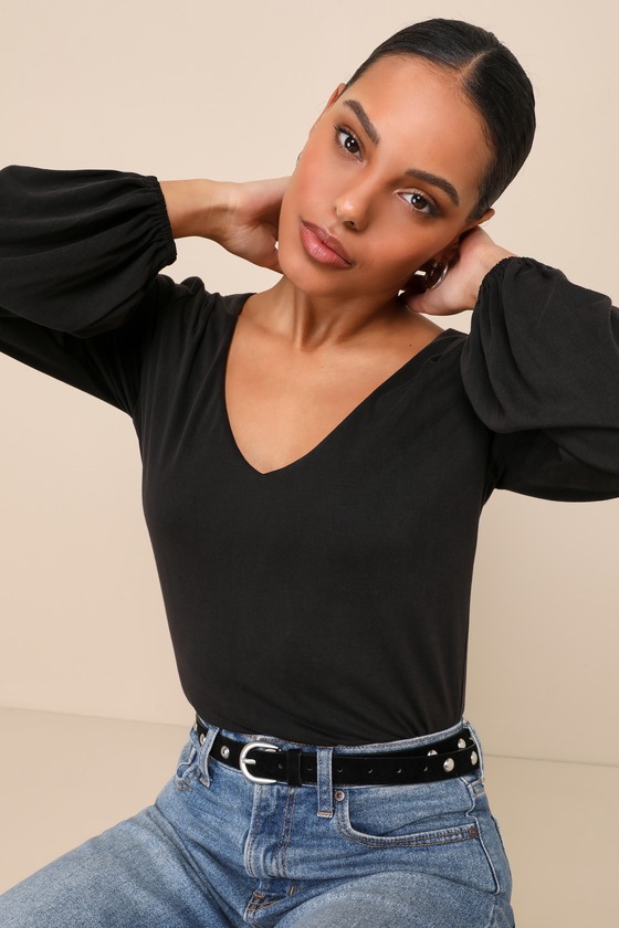 Luna L S V Neck Top Black