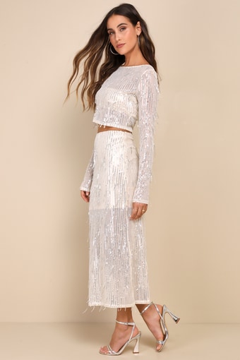 Greatest Sparkle Beige Mesh Sequin Fringe Two-Piece Midi Dress 1