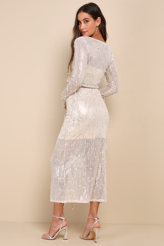 Greatest Sparkle Beige Mesh Sequin Fringe Two-Piece Midi Dress 3