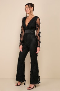 Elevated Allure Black 3D Floral Embroidered Long Sleeve Jumpsuit