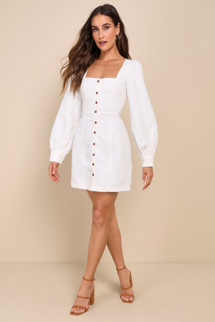 Ivory Corduroy Mini Dress - Button-Up Dress - Long Sleeve Dress - Lulus