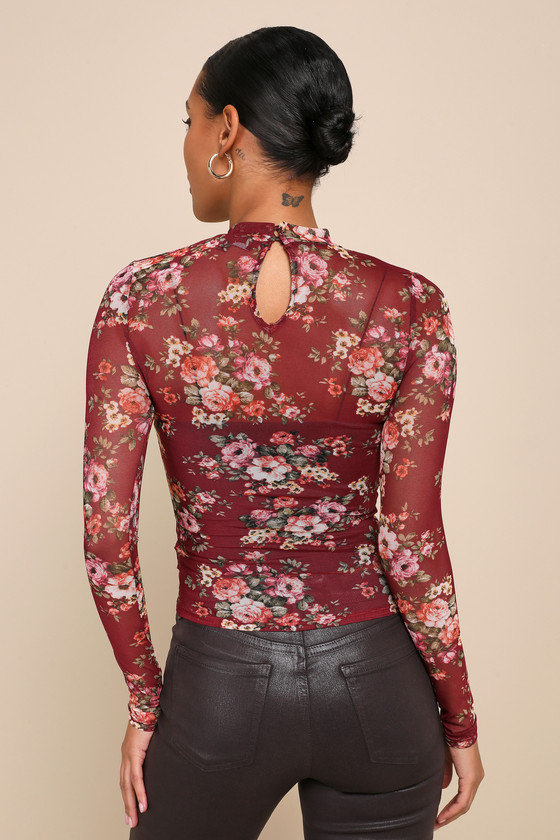 Burgundy Floral Top - Sheer Mesh Top - Long Sleeve Mock Neck
