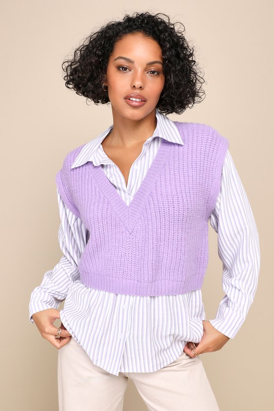 Lulus Elevated Inspiration Purple Striped Button-up Sweater Vest Top