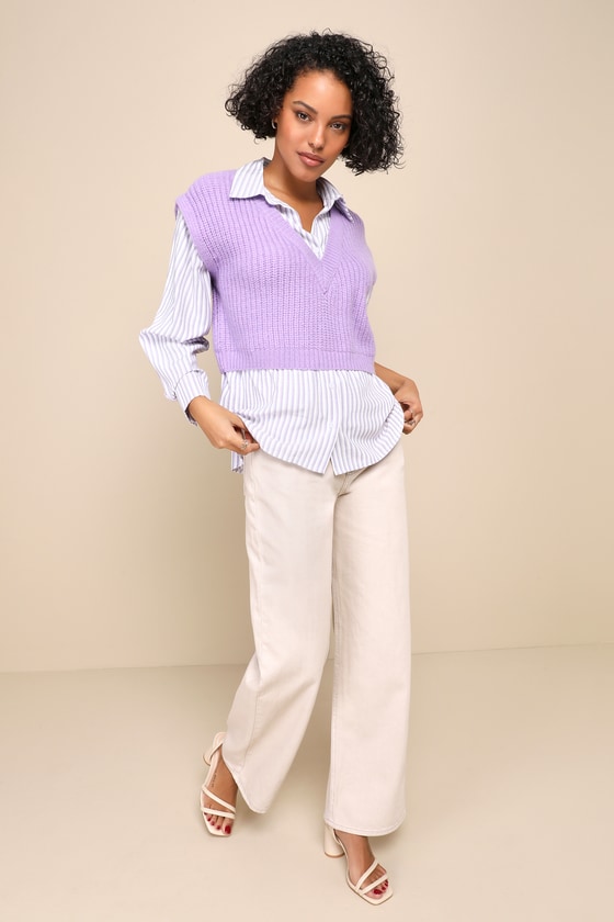 Elevated Inspiration Purple Striped Button-Up Sweater Vest Top 4