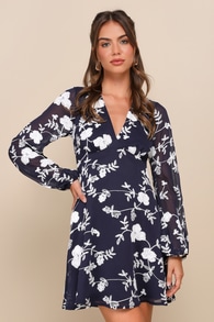 Adored Approach Navy Blue Embroidered Long Sleeve Mini Dress