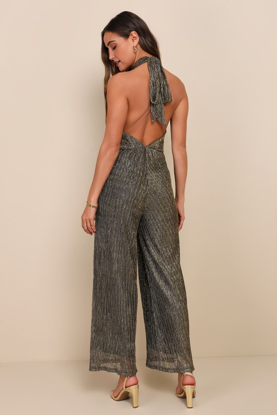 Elegant Dazzle Metallic Gold Halter Wide-Leg Jumpsuit 9