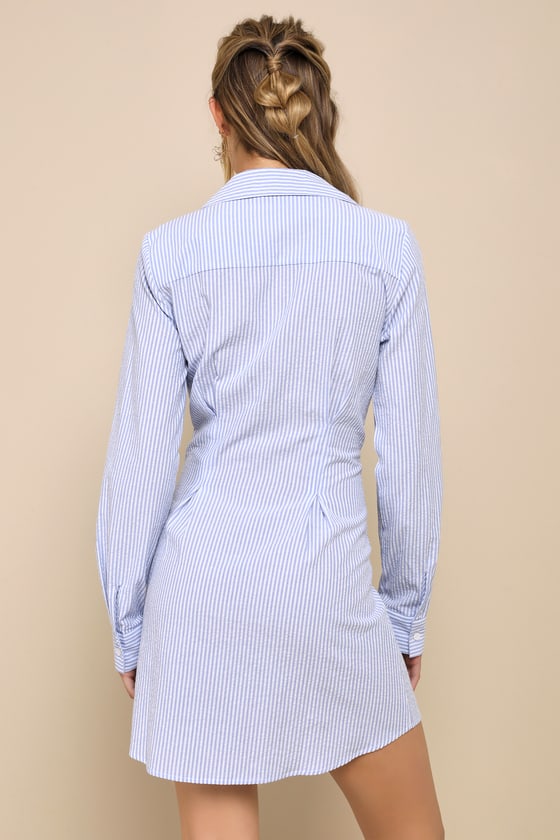 Celebrate Sunshine Blue and White Seersucker Collared Mini Dress 3