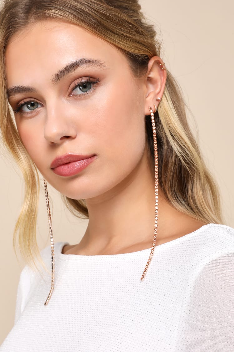 Rose Gold Earrings - Rhinestone Earrings - Long Drop Earrings - Lulus Rose Gold Earrings - Rhinestone Earrings - Long Drop Earrings - Lulus