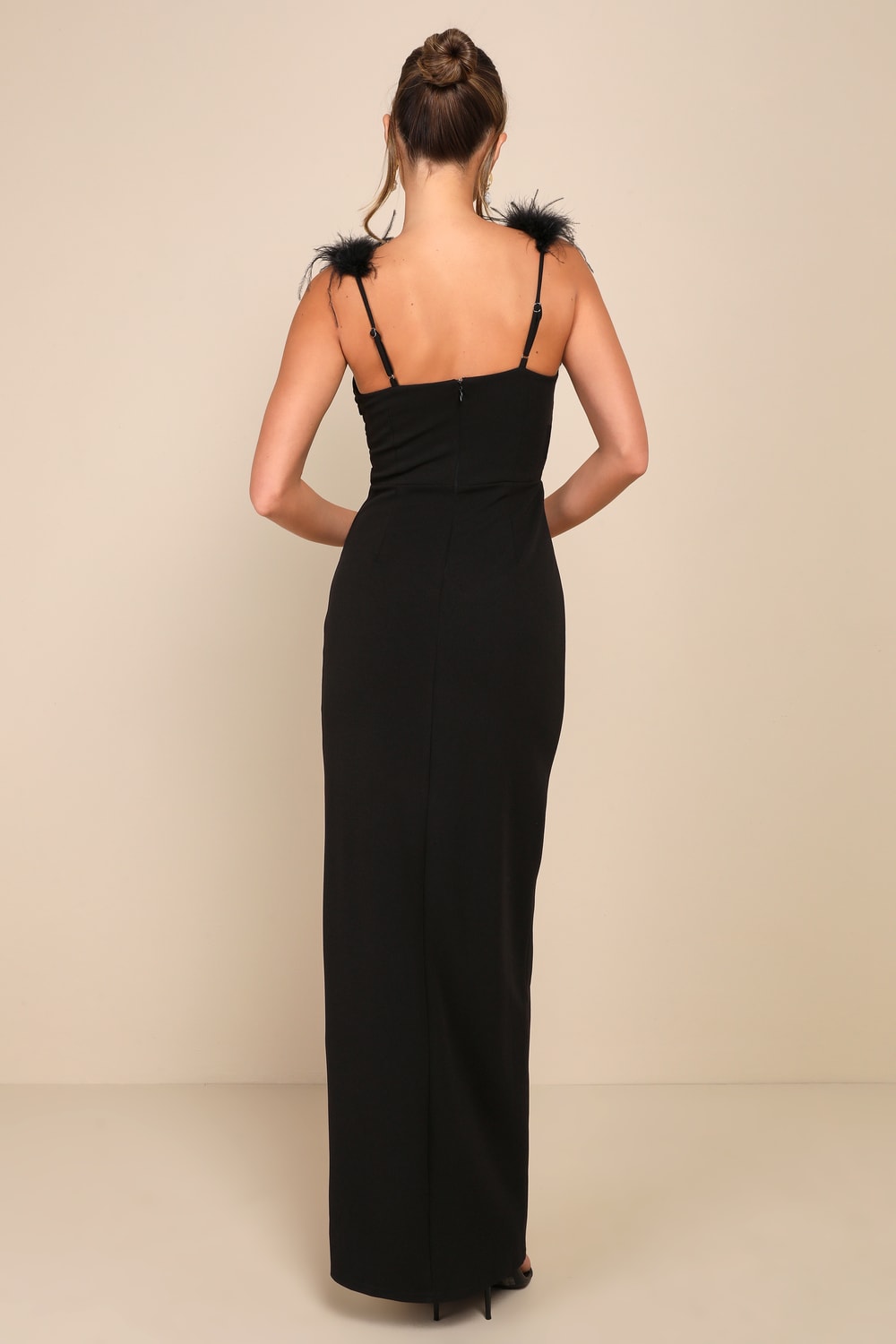 Dramatic Promise Black Feather Strap Ruched Column Maxi Dress