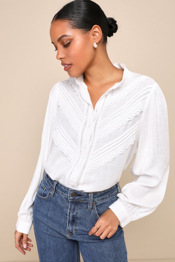 Ivory Ruffled Top - Embroidered Top - Button-Up Eyelet Top - Lulus