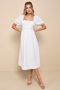 Darling Position White Textured Jacquard Lace-Up Midi Dress