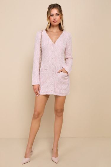open lace back dress Womens Custom Made Pearls Tweed 3/4 Sleeves Dress Hot Pink
