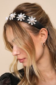 Flourishing Refinement Black Satin Floral Rhinestone Headband