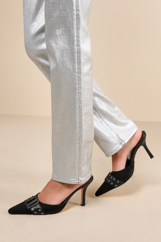 Black Suede Pumps - Pointed-Toe Mule Pumps - Belted Buckle Pumps - Lulus