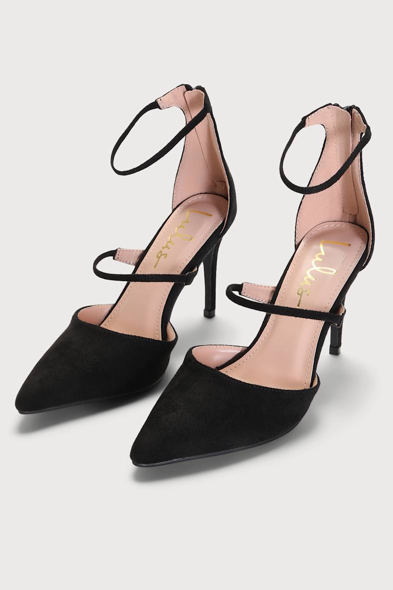 Lovelee Black Suede Pointed-Toe Ankle Strap Pumps