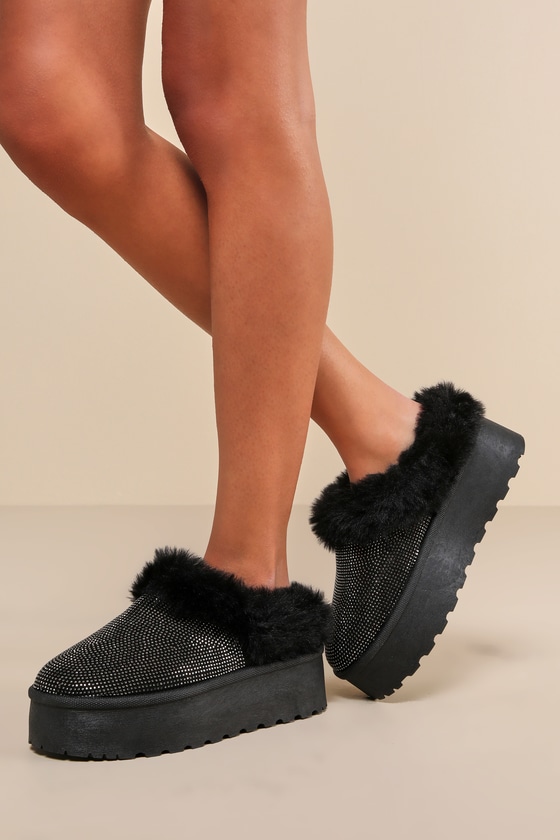 Lulus Basanti Black Rhinestone Faux Fur Flatform Slippers