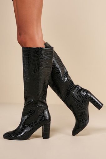 Krafty Black Croc-Embossed Knee-High Boots