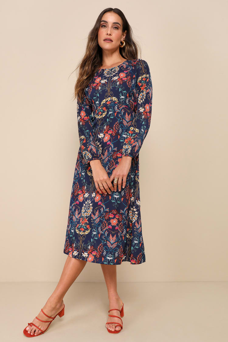 knee length dresses for ladies Long Sleeve Formal Floral Print Midi Dress Floral Print & Long Sleeves –  The Dress Outlet main image 0
