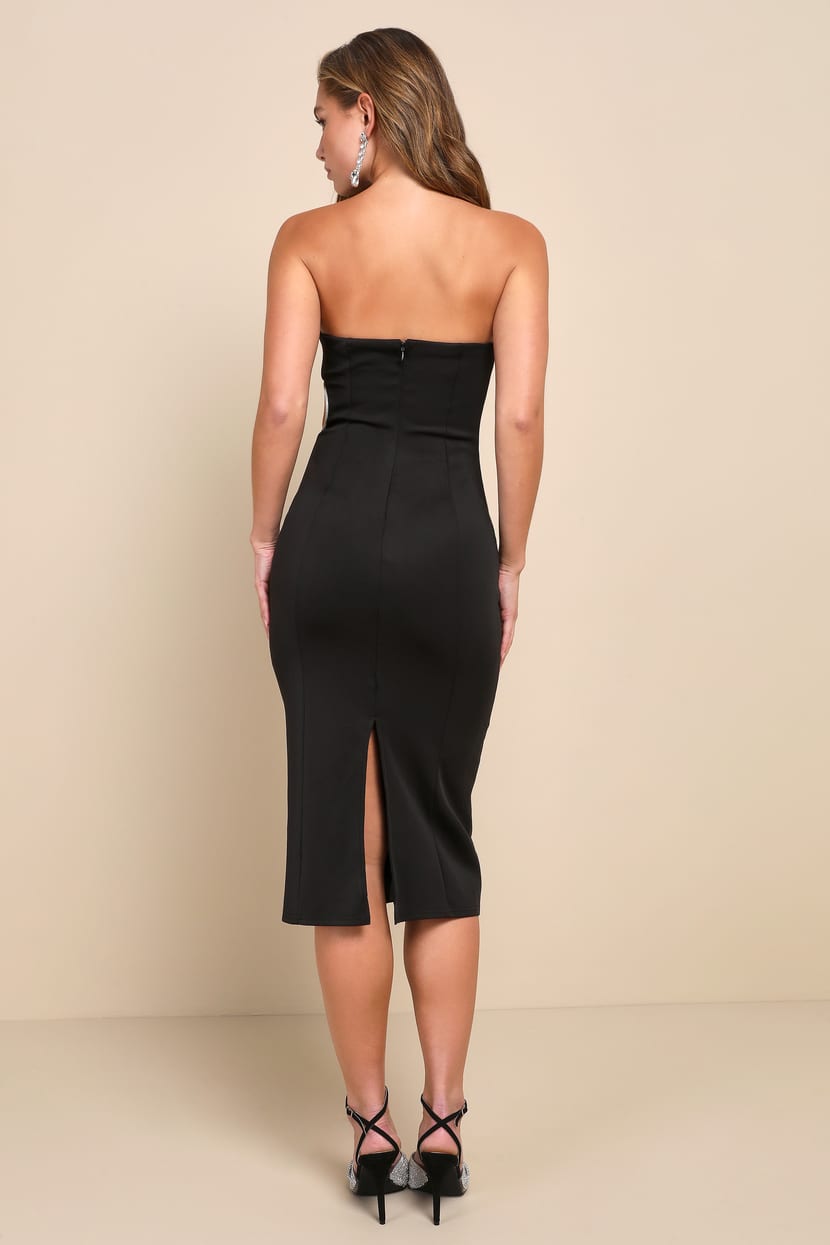 Iconic Mood Black Scuba Knit Rhinestone Strapless Midi Dress