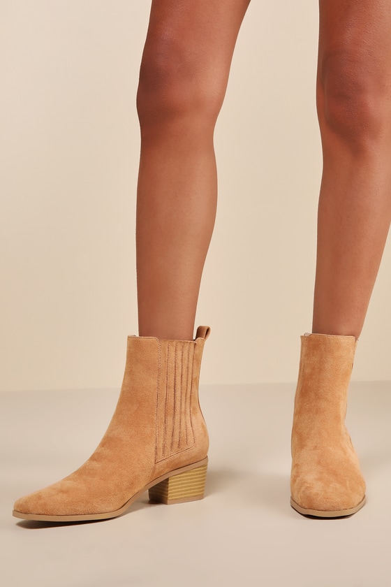 Suede Almond Toe Chunky Heel Ankle Boots