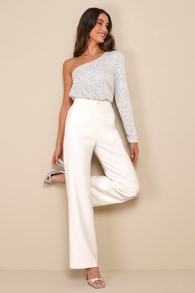 Dancing Diva Cream and Silver Sequin One-Shoulder Bodysuit 9