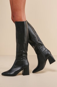Pheyis Black Pointed-Toe Knee-High Boots