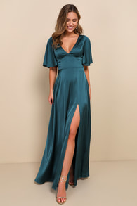 Elegant Confidence Teal Satin Flutter Sleeve Cutout Maxi Dress