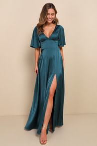 Elegant Confidence Teal Satin Flutter Sleeve Cutout Maxi Dress 1