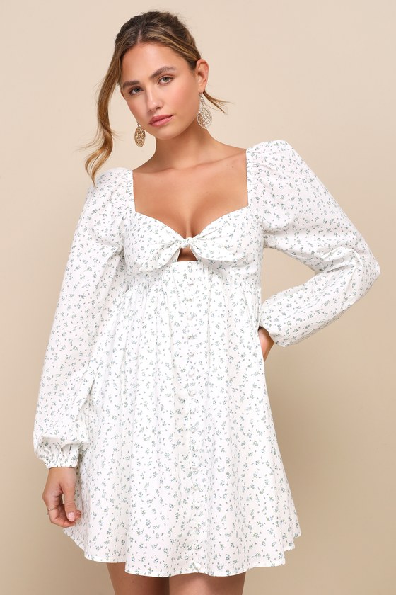 White Floral Mini Dress - Tie-Front Dress - Babydoll Mini Dress - Lulus