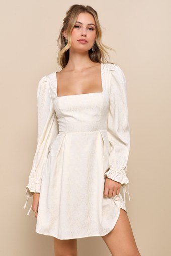 Elegant Adoration Cream Floral Jacquard Long Sleeve Mini Dress 1