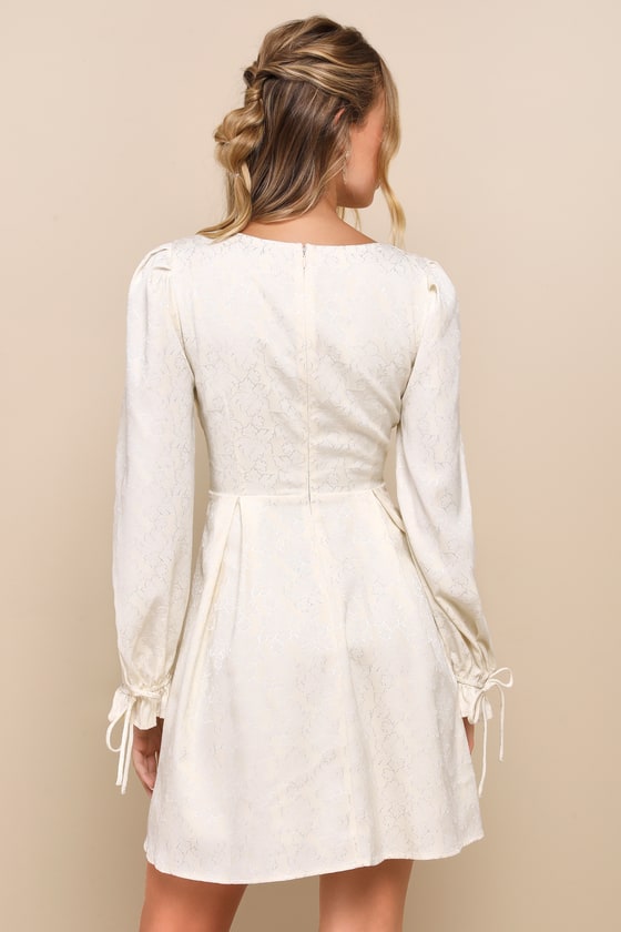 Cream Floral Mini Dress - Jacquard Dress - Box Pleated Mini Dress - Image 3