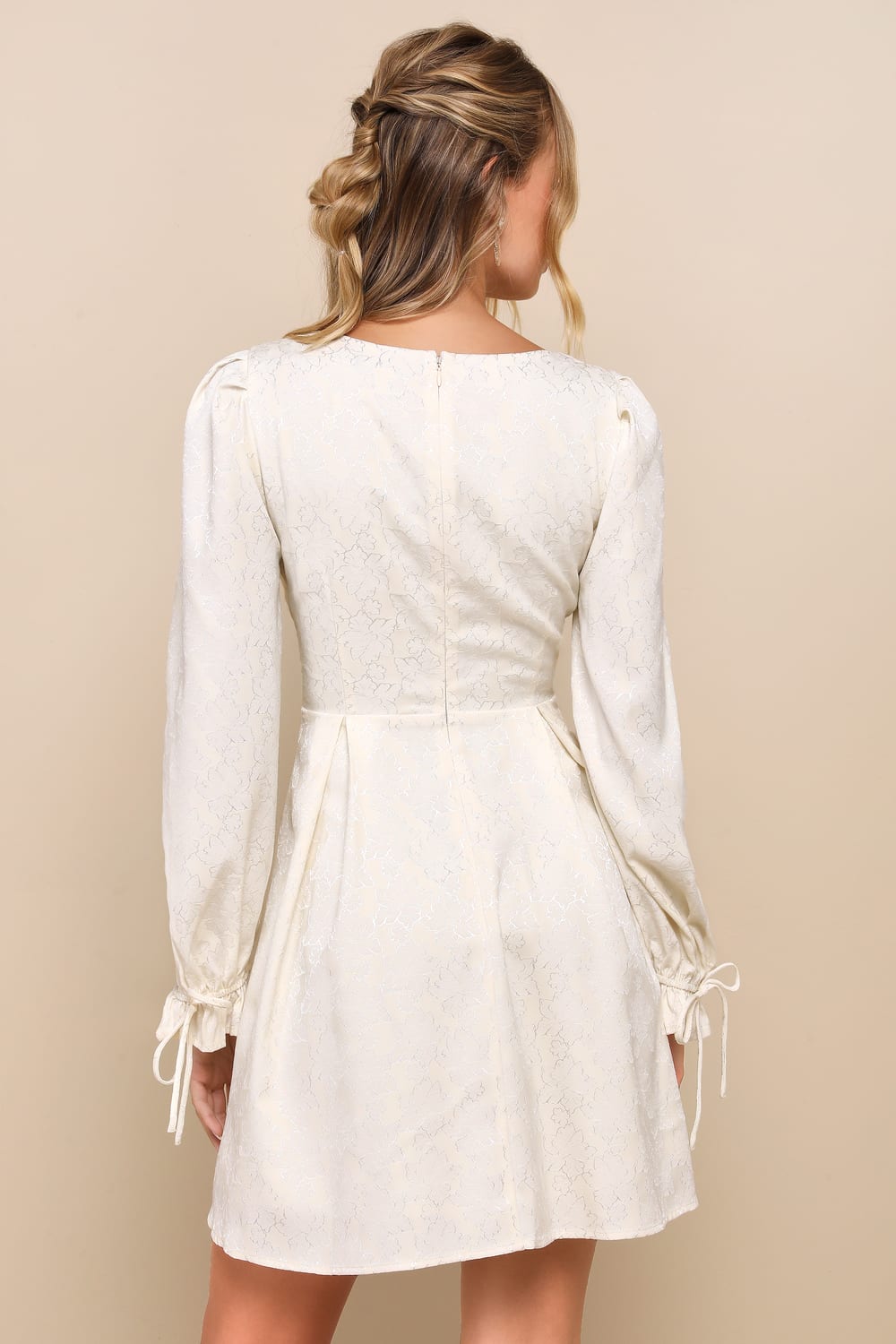 Elegant Adoration Cream Floral Jacquard Long Sleeve Mini Dress
