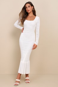 Sunset Moments White Crochet Long Sleeve Trumpet Midi Dress 1