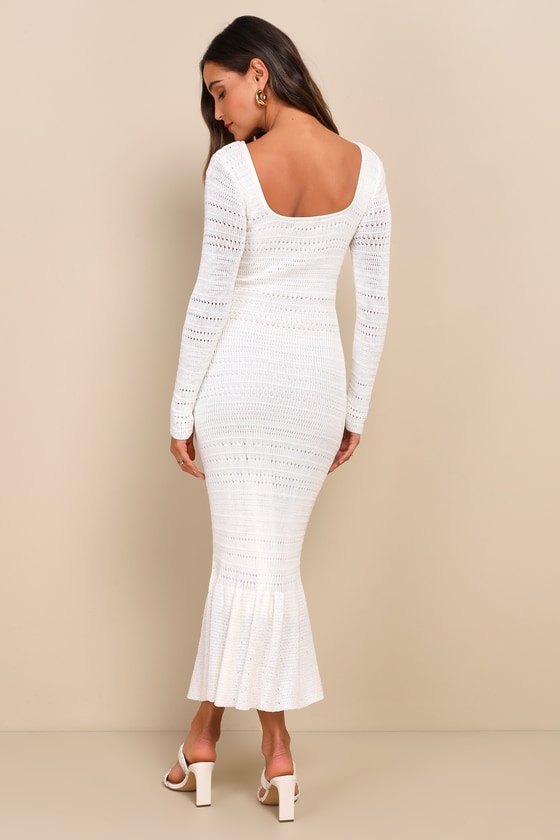 Sunset Moments White Crochet Long Sleeve Trumpet Midi Dress 2