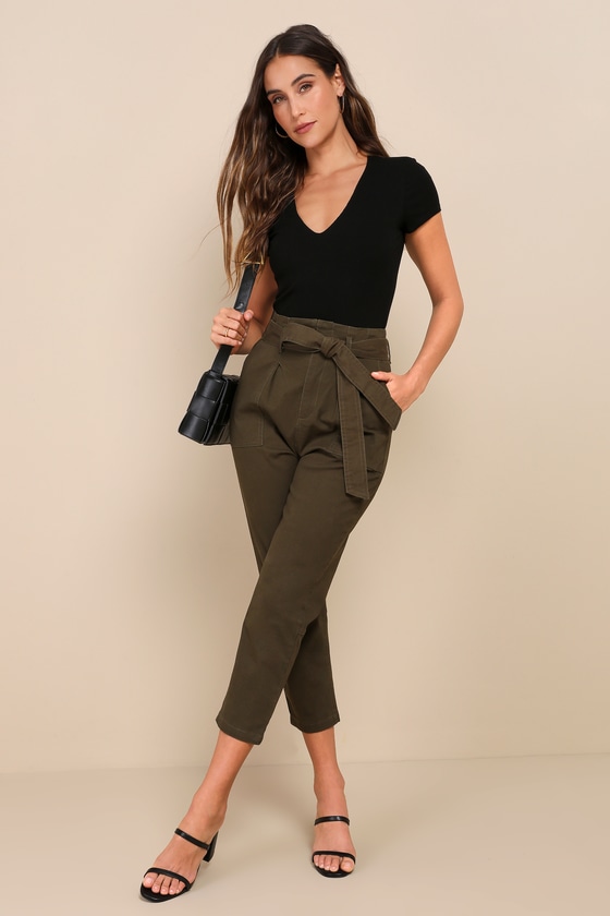 Leo Olive Green Tie-Waist Cropped Pants 6