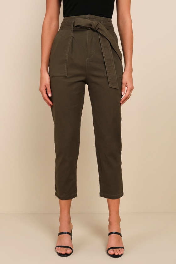 Leo Olive Green Tie-Waist Cropped Pants 7