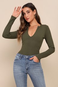 Trendy Endeavor Olive Green Ribbed Notched Long Sleeve Top