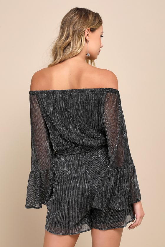 Meira Black and Silver Metallic Off-the-Shoulder Romper 8