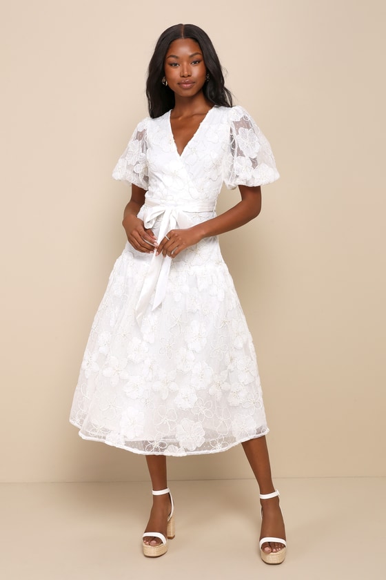 Lulus Blissful Charisma White Floral Lurex Puff Sleeve Midi Dress