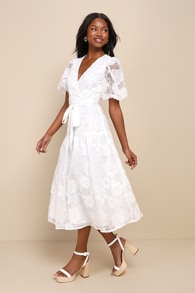Blissful Charisma White Floral Lurex Puff Sleeve Midi Dress