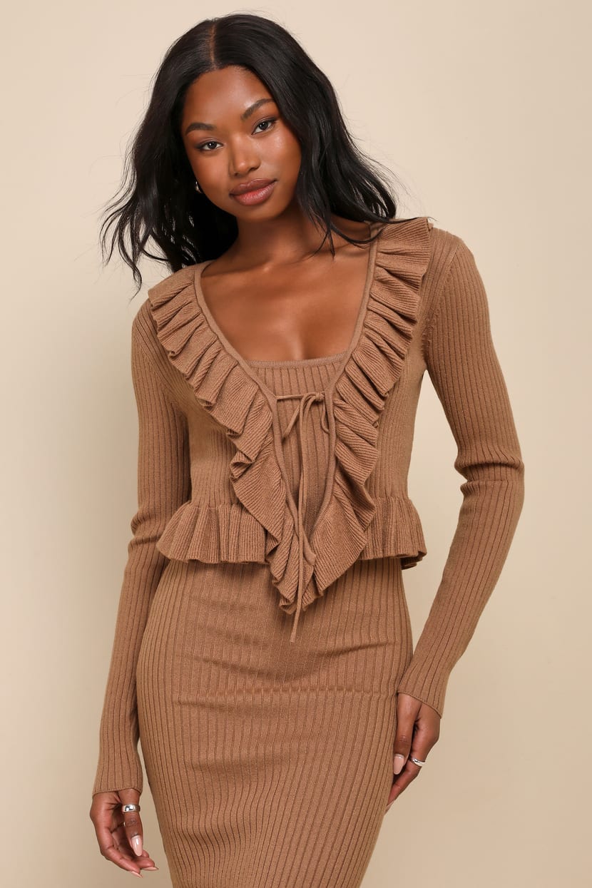 Brown Ribbed Sweater Dress - Sweater Set - Ruffled Midi Dress - Lulus Brown Ribbed Sweater Dress - Sweater Set - Ruffled Midi Dress - Lulus
