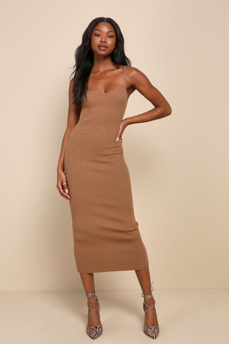 Lovely Duo Brown Ribbed Knit Two-Piece Midi Sweater Dress