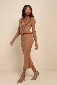 Lovely Duo Brown Ribbed Knit Two-Piece Midi Sweater Dress