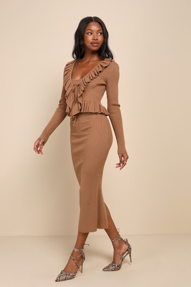 Brown Ribbed Sweater Dress - Sweater Set - Ruffled Midi Dress - Lulus