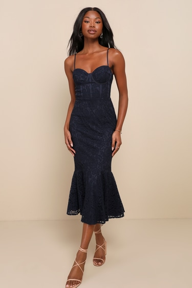Sexy Blue Lace Dress Midi Trumpet Dress Lace Bustier Dress Lulus