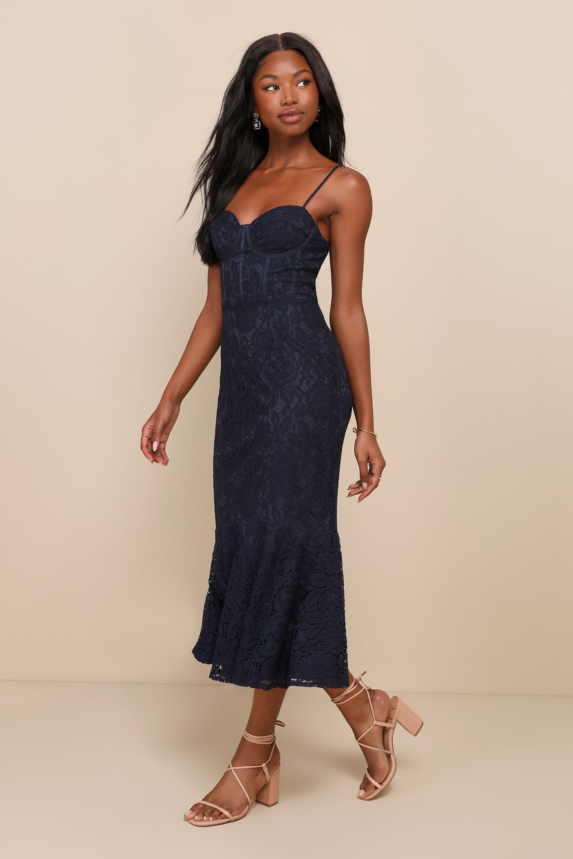 Found Your Love Navy Blue Lace Sleeveless Trumpet Midi Dress